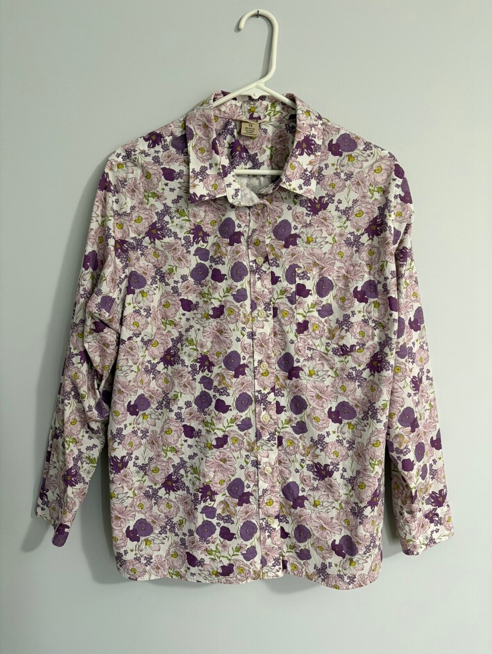 Duluth Trading Co Blouse Women 1X Floral Button Up Collared Long Sleeve Shirt